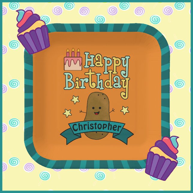 Plato De Papel Diviértete Feliz Cumpleaños Papa Personalizado (Adorable potato personalized birthday paper plates.)