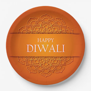 Plato De Papel Diwali elegante Naranja moderno amarillo Mandala 9