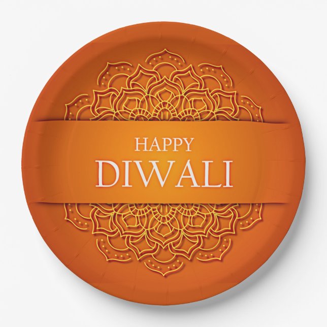 Plato De Papel Diwali elegante Naranja moderno amarillo Mandala 9 (Anverso)