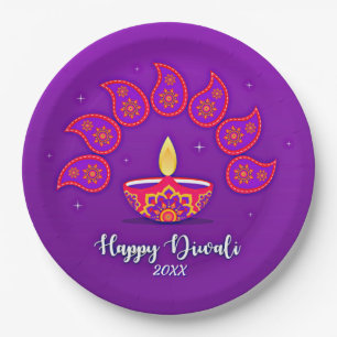 Plato De Papel Diwali Feliz Agrega Año 20xx Púrpura Amarillo Rojo