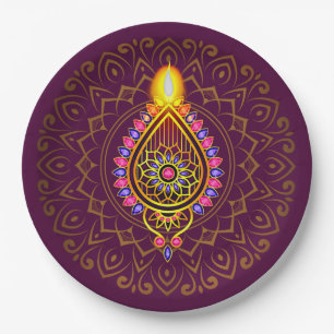 Plato De Papel Diwali Jeweld Diya Candle Design Mandala Purple