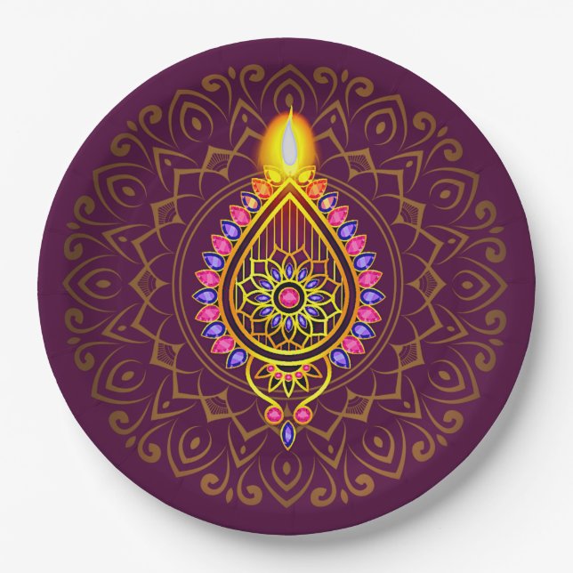 Plato De Papel Diwali Jeweld Diya Candle Design Mandala Purple (Anverso)