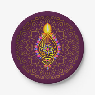 Plato De Papel Diwali Jeweld Diya Candle Design Mandala Purple