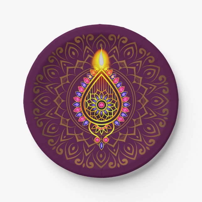 Plato De Papel Diwali Jeweld Diya Candle Design Mandala Purple (Anverso)
