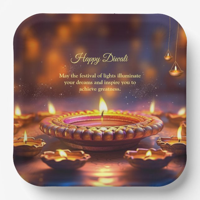 Plato De Papel Diyas de la lámpara dorada del Naranja Diwali Brow (Anverso)