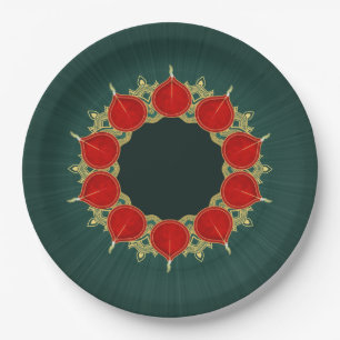 Plato De Papel Diyas rojas y doradas Mandala Diwali en Verde azul