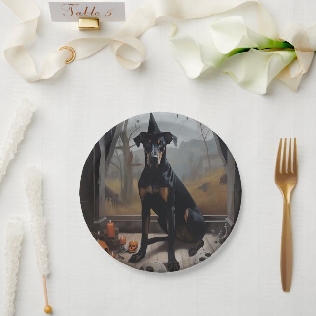 Plato De Papel Doberman Calabazas de Halloween de Terror (Boda)