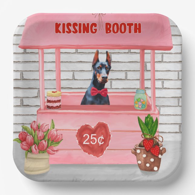 Plato De Papel Doberman Dog El día de San Valentín Kissing Booth (Anverso)