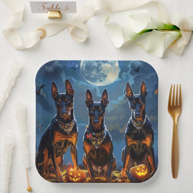 Plato De Papel Doberman Halloween Spooky (Boda)