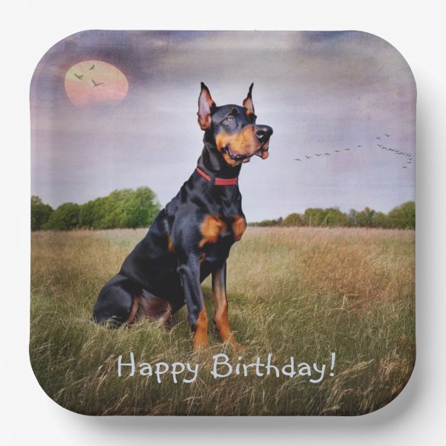 Plato De Papel Doberman Happy Birthday (Anverso)
