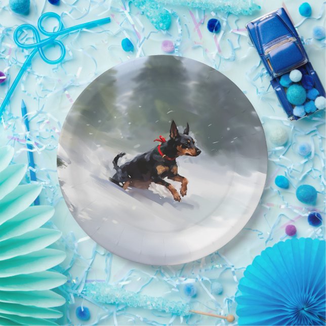 Plato De Papel Doberman Pinscher Navidad nieve invierno (Fiesta)