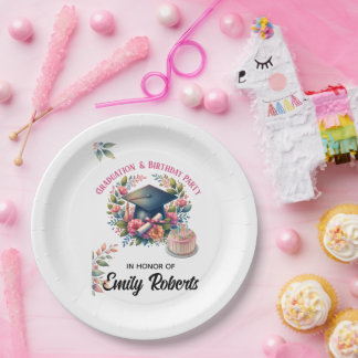 Plato De Papel Doble Celebración Floral de Graduación y Cumpleaño