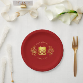Plato De Papel Doble felicidad floral boda china rojo dorado