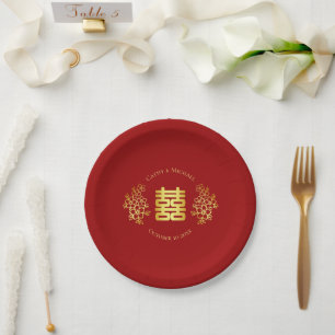 Plato De Papel Doble felicidad floral boda china rojo dorado