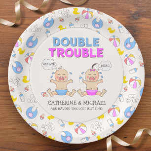 Plato De Papel Doble problema Twin Boy y Chica Baby Shower