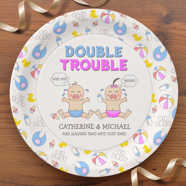 Plato De Papel Doble problema Twin Boy y Chica Baby Shower (Subido por el creador)
