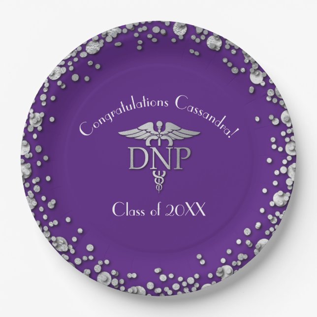 Plato De Papel Doctor Nursing Practice Graduation Purple Silver (Anverso)