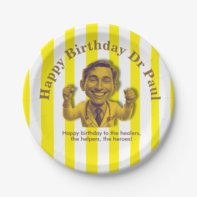 Plato De Papel DOCTORS BIRTHDAY yellow & white (Anverso)