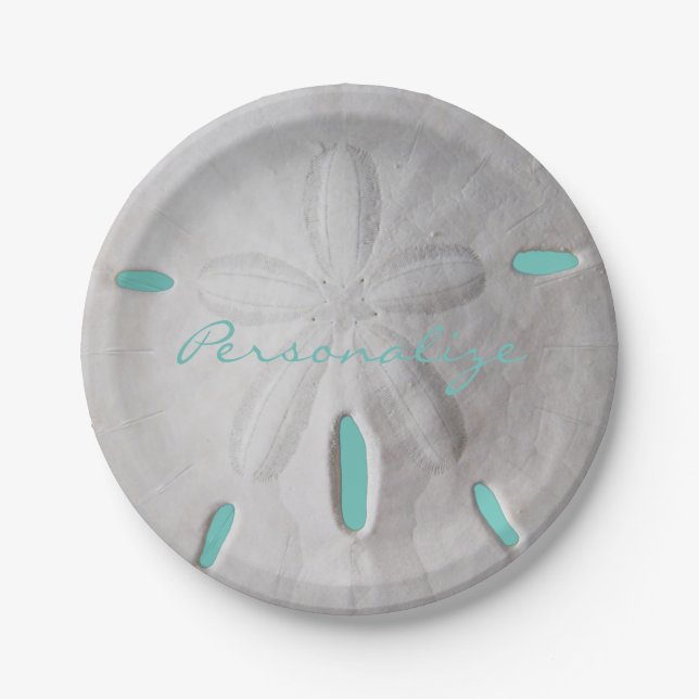 Plato De Papel Dólar de arena playa de verano turquesa blanco   (Anverso)