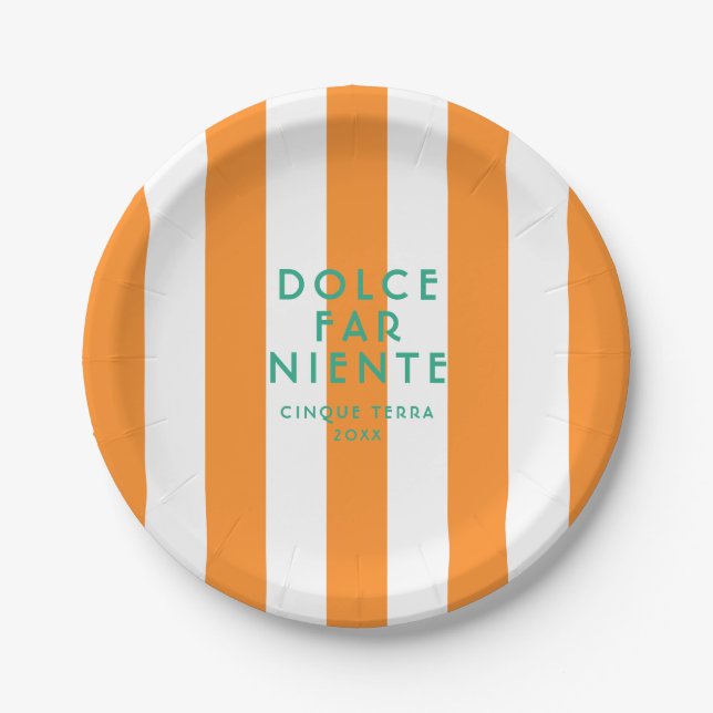 Plato De Papel Dolce Far Niente Cinque Terra Naranja Cabana Strip (Anverso)
