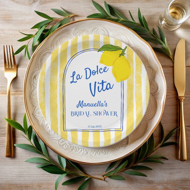 Plato De Papel Dolce vita amarillo Lemons Ducha de novia italiana (Dolce vita yellow stripes Lemons retro vintage Italian bridal shower monogrammed Paper Plates)