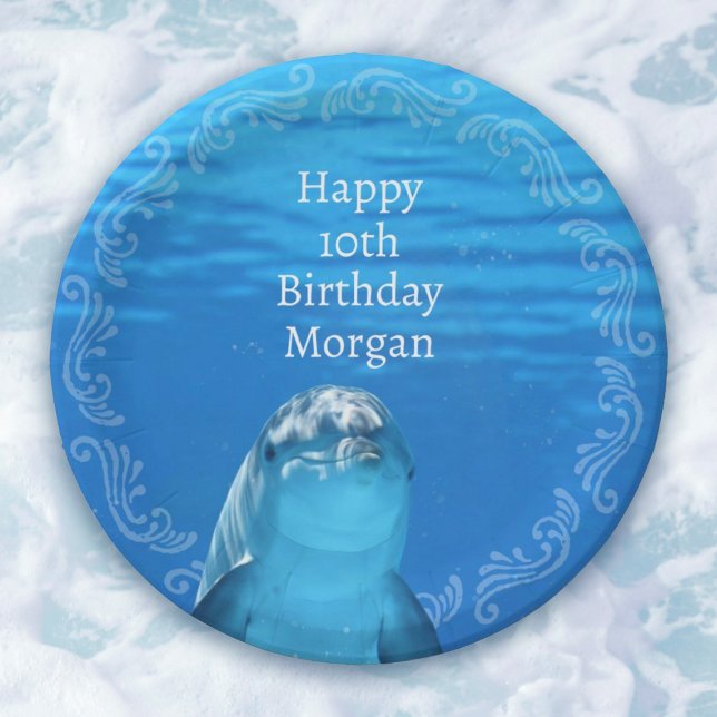 Plato De Papel Dolphin Blue Ocean 10.ª fiesta de cumpleaños (Under the Sea Dolphin Blue Ocean 10th Birthday Party Paper Plates. Includes any age template.)