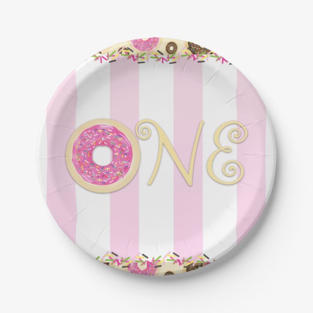 Plato De Papel Donas de Relleno Rosa Marrón para Cumpleaños UNO 1 (Anverso)