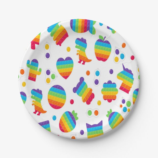 Plato De Papel Dónosaurios arcoiris y cumpleaños de Unicornios (Anverso)