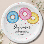 Plato De Papel Donut Baby Sprinkle Baby Shower<br><div class="desc">Estos adorables platos de papel rociado para bebés están decorados con donuts acuarelas en rosa,  azul y amarillo. Perfecto para una celebración de bebés sin diferencias de género. Personalizable fácil. Porque creamos nuestra obra de arte no encontrarás esta imagen exacta de otros diseñadores. Acuarela original © Michele Davies.</div>