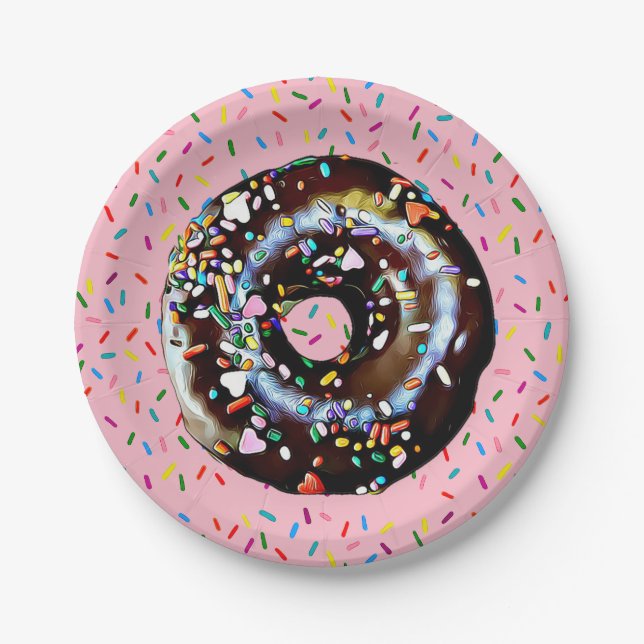 Plato De Papel Donut de chocolate rosa con placa de papel de roci (Anverso)