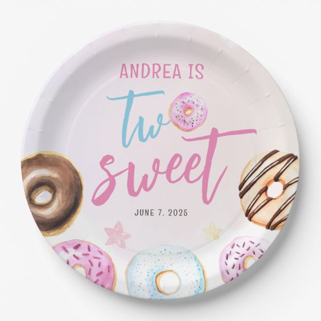 Plato De Papel Donut Two Sweet Chica 2º cumpleaños (Anverso)