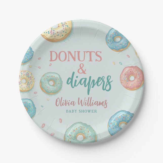 Plato De Papel Donuts & Diapers Cute Mint Green Baby Shower (Anverso)