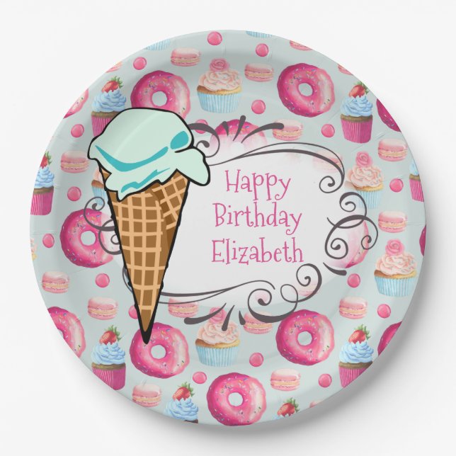 Plato De Papel Donuts Macarons Pastel de Hielo Crema Personalizad (Anverso)