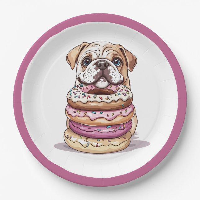 Plato De Papel Donuts rotos por Bulldoges ingleses (Anverso)