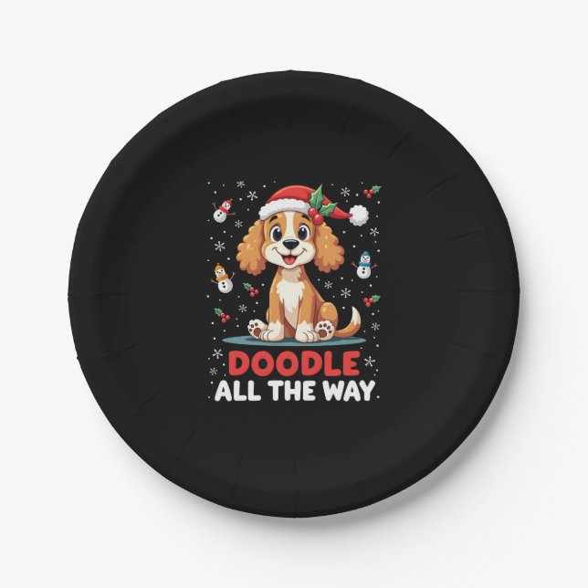 Plato De Papel Doodle All The Way Funny Goldendoodle Santa Hat Ch (Anverso)