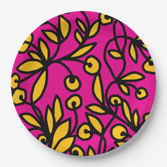 Plato De Papel Doodle amarillo y rosa (Anverso)