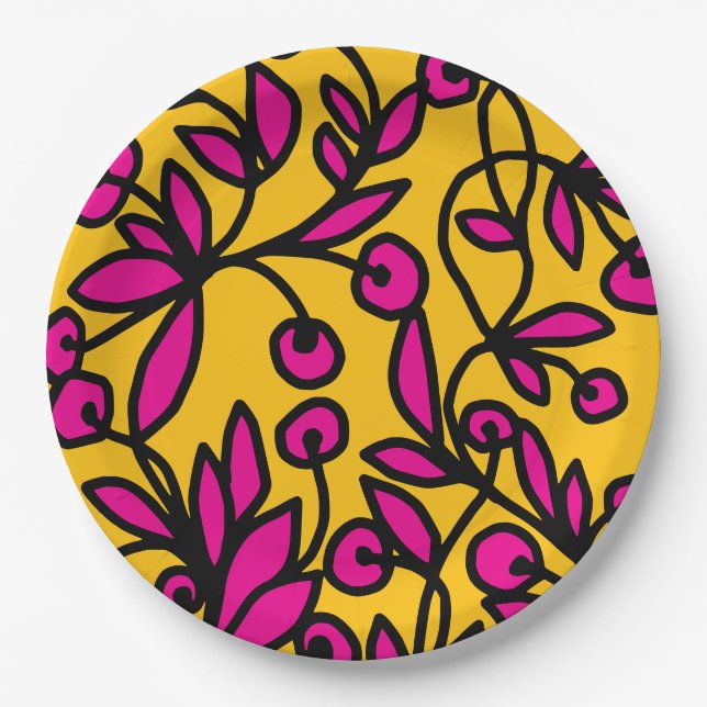 Plato De Papel Doodle amarillo y rosa (Anverso)