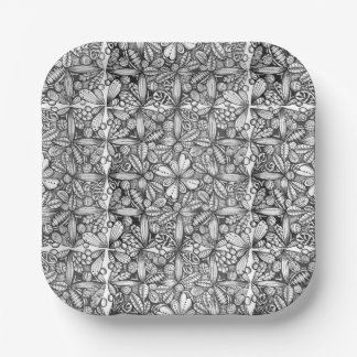 Plato De Papel Doodle de hoja en capas abstracto en blanco y negr