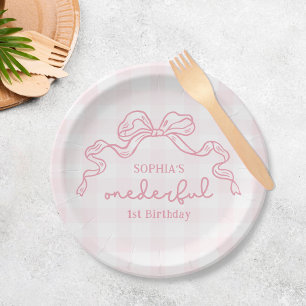 Plato De Papel Doodle Pink Bow Baby Girl Primer cumpleaños