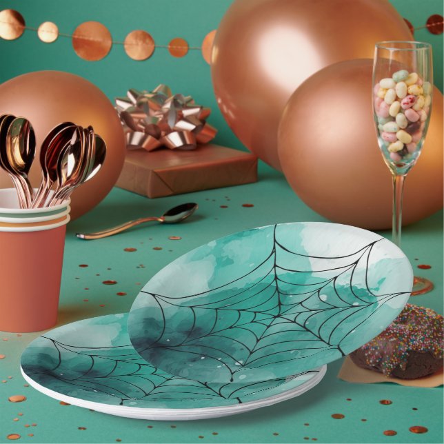 Plato De Papel Doodle Spiderweb sobre el verde (Multi)