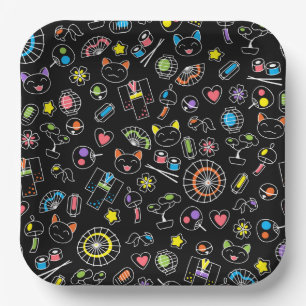 Plato De Papel Doodles de cultura kawaii japonesa sobre negro