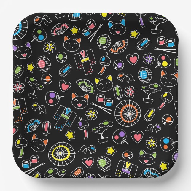 Plato De Papel Doodles de cultura kawaii japonesa sobre negro (Anverso)