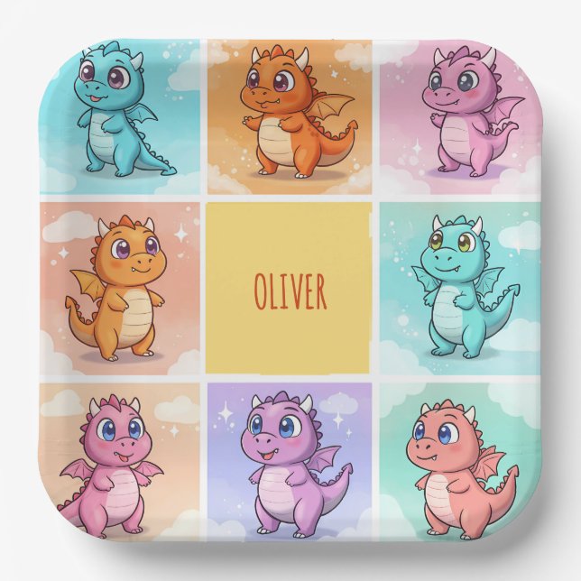 Plato De Papel Doodles de dragón de color (Anverso)