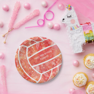 Plato De Papel Doodles florales de naranja rojo voleibol