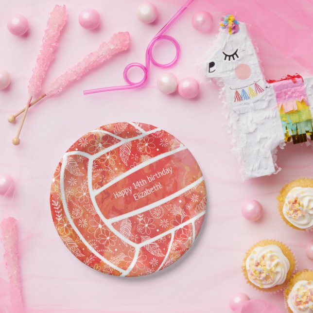 Plato De Papel Doodles florales de naranja rojo voleibol (Fiesta)