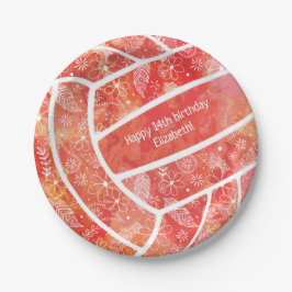 Plato De Papel Doodles florales de naranja rojo voleibol