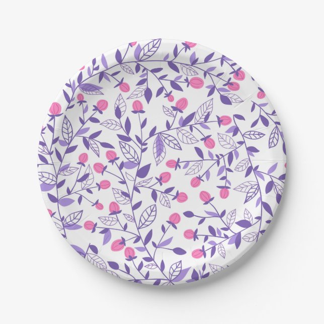 Plato De Papel Doodles florales rosas y violetas (Anverso)