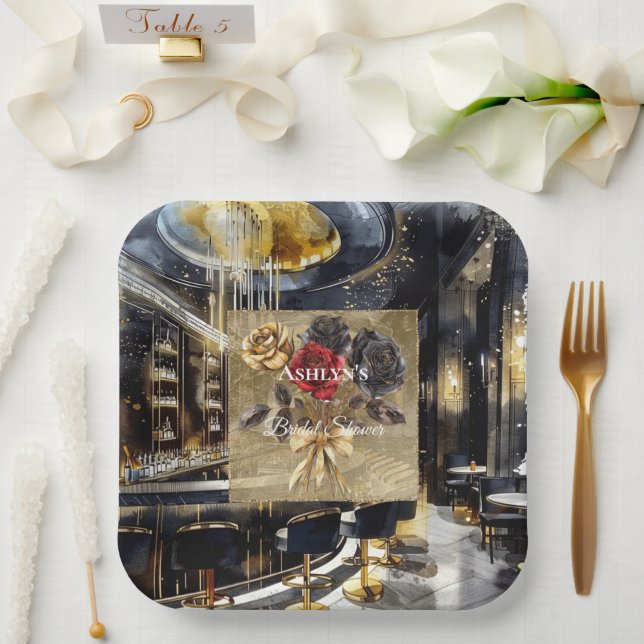 Plato De Papel Dorada Black Red Night Club Floral Bridal Shower (Boda)