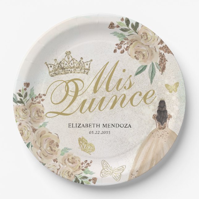Plato De Papel Dorada Sparkle Floral Princesa Quinceañera cumplea (Anverso)