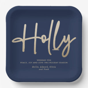 Plato De Papel Dorado azul marino moderno guión mínimo elegante